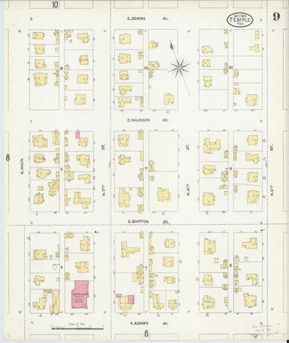 Sanborn Fire Insurance Map from Temple, Bell County, Texas (1905), Sheet #0009 - Historic Sanborn Fire Insurance Map Print, vintage old map wall art, antique decor, genealogy gift, Texas Texas map