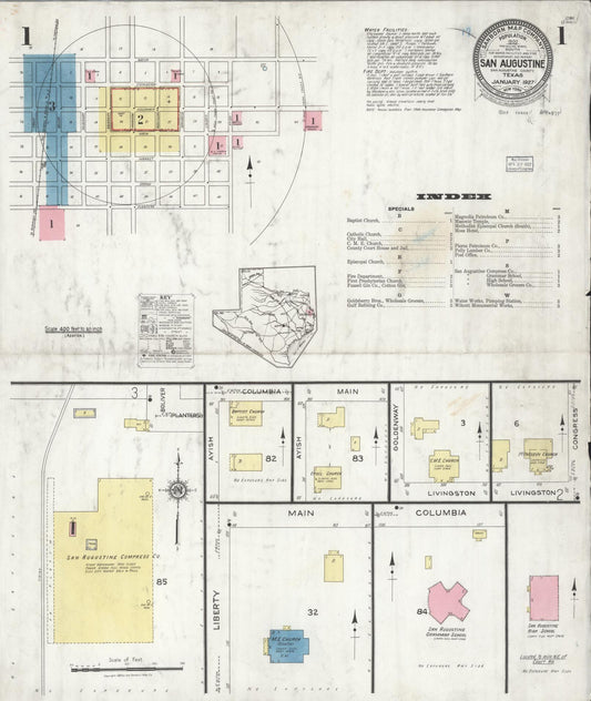 Sanborn Fire Insurance Map from San Augustine, San Augustine County, Texas (1927), Sheet #0001 - Historic Sanborn Fire Insurance Map Print, vintage old map wall art, antique decor, genealogy gift, Texas Texas map