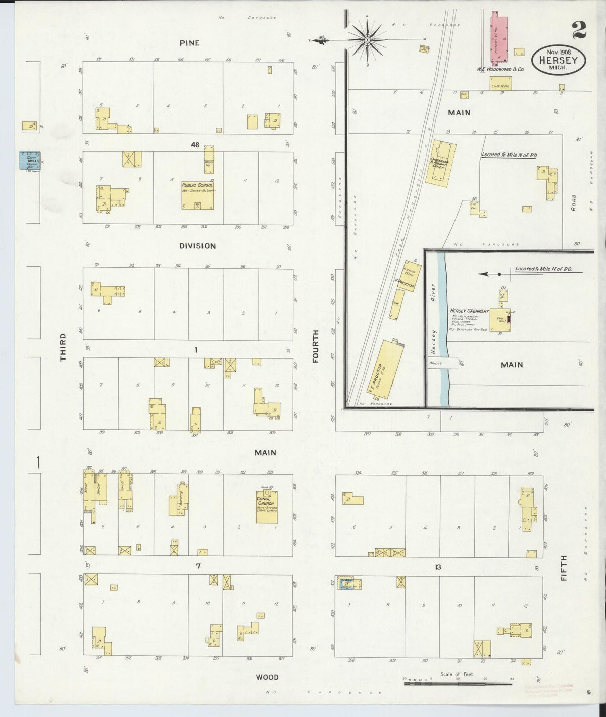 Sanborn Fire Insurance Map from Hersey, Osceola County, Michigan (1908), Sheet #0002 - Historic Sanborn Fire Insurance Map Print, vintage old map wall art, antique decor, genealogy gift, Michigan Michigan map