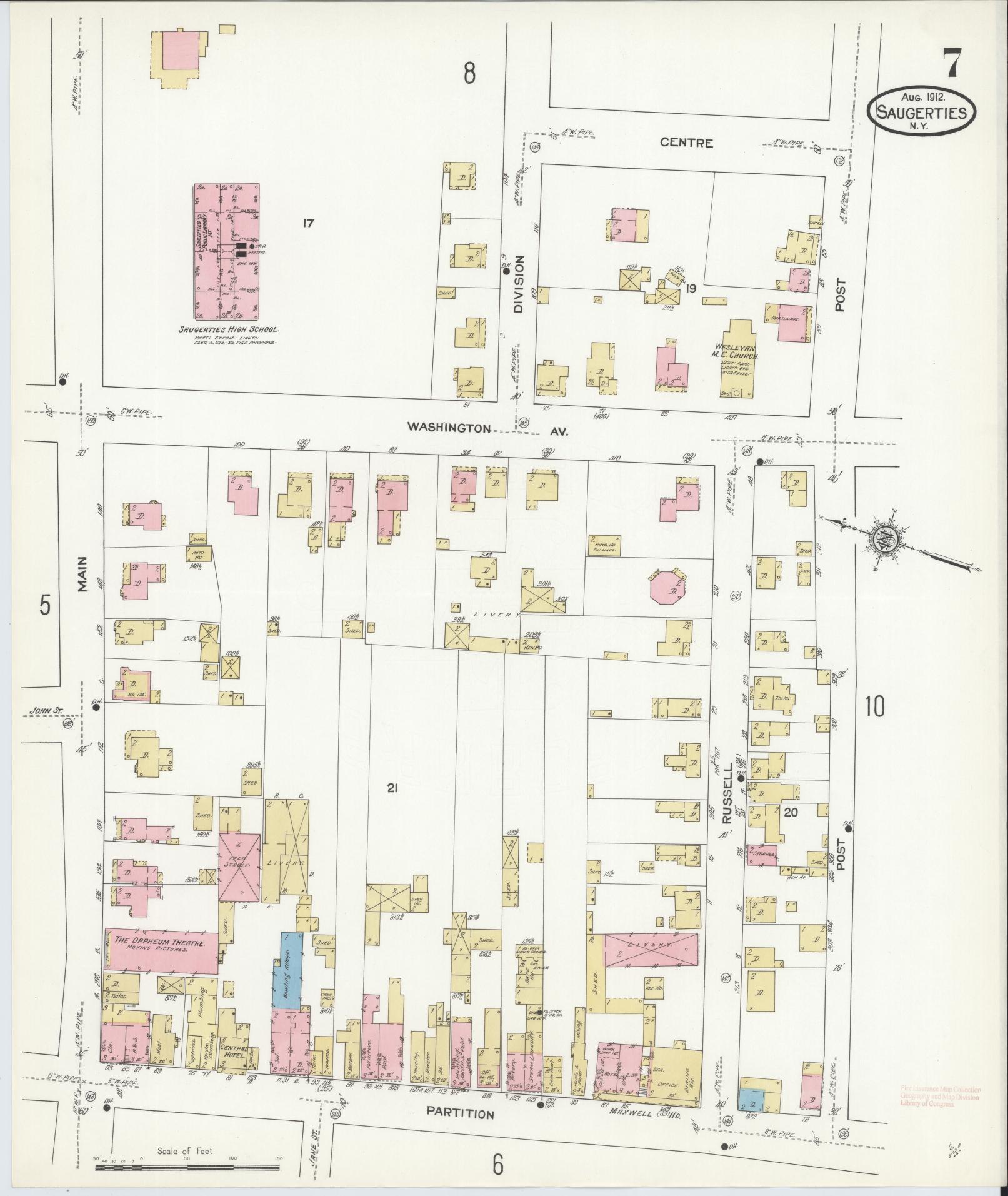 Sanborn Fire Insurance Map from Saugerties, Ulster County, New York (1912), Sheet #0007 - Historic Sanborn Fire Insurance Map Print, vintage old map wall art, antique decor, genealogy gift, New York New York map