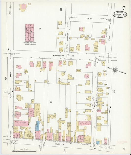 Sanborn Fire Insurance Map from Saugerties, Ulster County, New York (1912), Sheet #0007 - Historic Sanborn Fire Insurance Map Print, vintage old map wall art, antique decor, genealogy gift, New York New York map