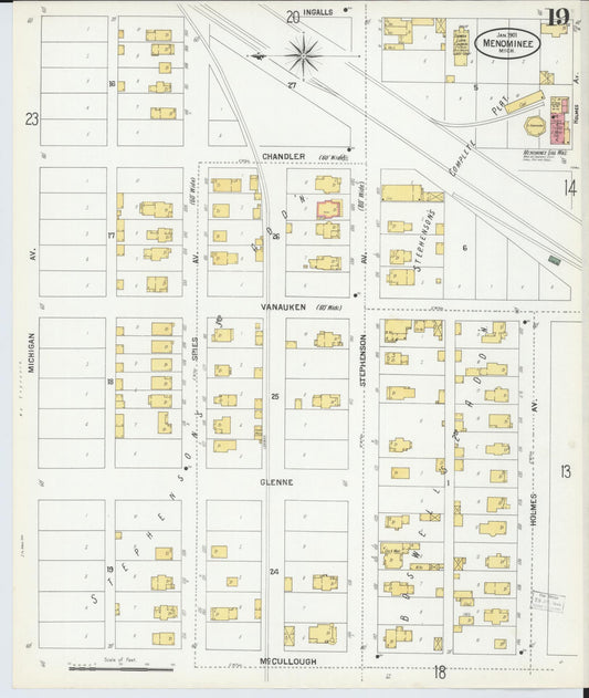 Sanborn Fire Insurance Map from Menominee, Menominee County, Michigan (1901), Sheet #0019 - Historic Sanborn Fire Insurance Map Print, vintage old map wall art, antique decor, genealogy gift, Michigan Michigan map