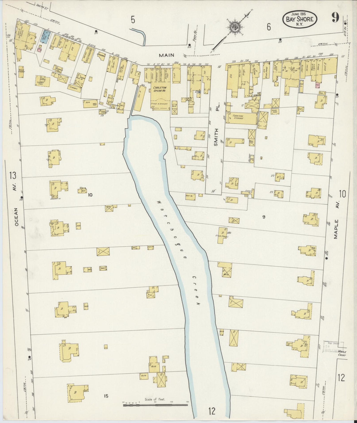 Sanborn Fire Insurance Map from Bay Shore, Suffolk County, New York (1915), Sheet #0009 - Complete Map Set gallery image, historic Sanborn map, vintage wall art, New York New York
