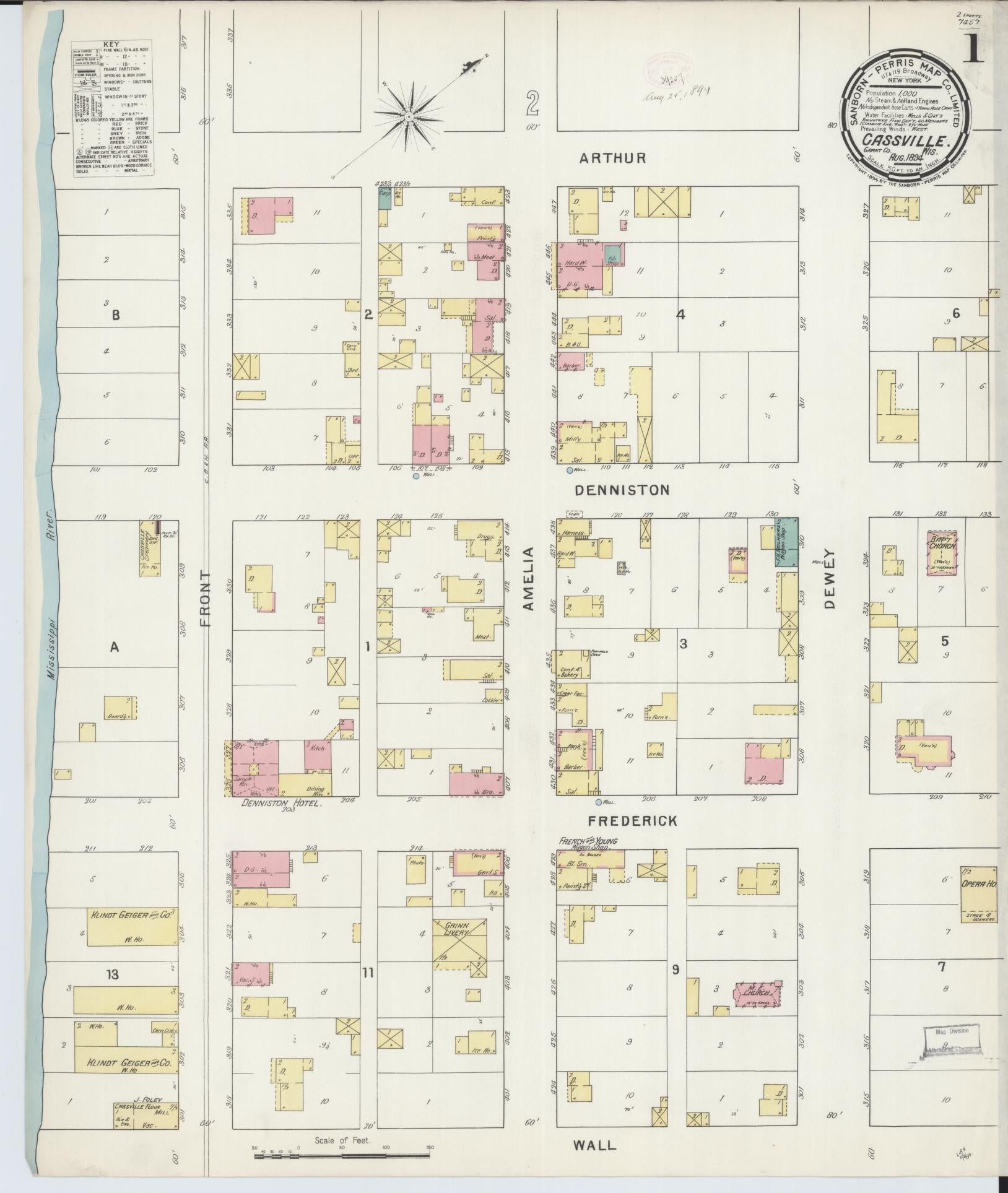 Sanborn Fire Insurance Map from Cassville, Grant County, Wisconsin (1894), Sheet #0001 - Historic Sanborn Fire Insurance Map Print, vintage old map wall art, antique decor, genealogy gift, Wisconsin Wisconsin map