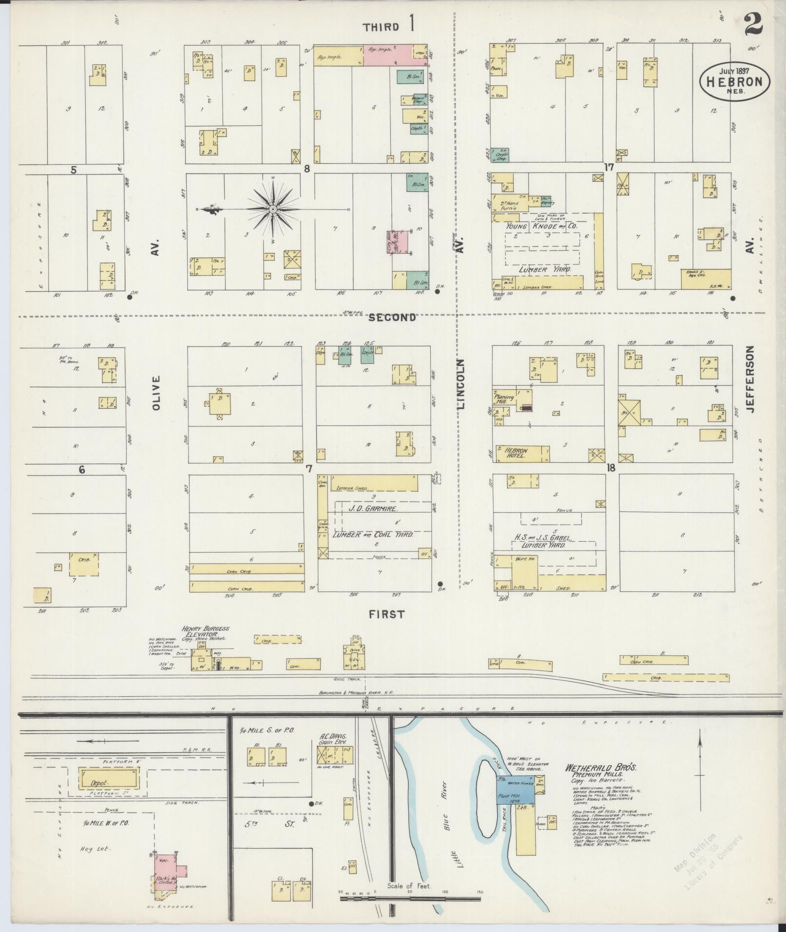 Sanborn Fire Insurance Map from Hebron, Thayer County, Nebraska (1897), Sheet #0002 - Complete Map Set gallery image, historic Sanborn map, vintage wall art, Nebraska Nebraska