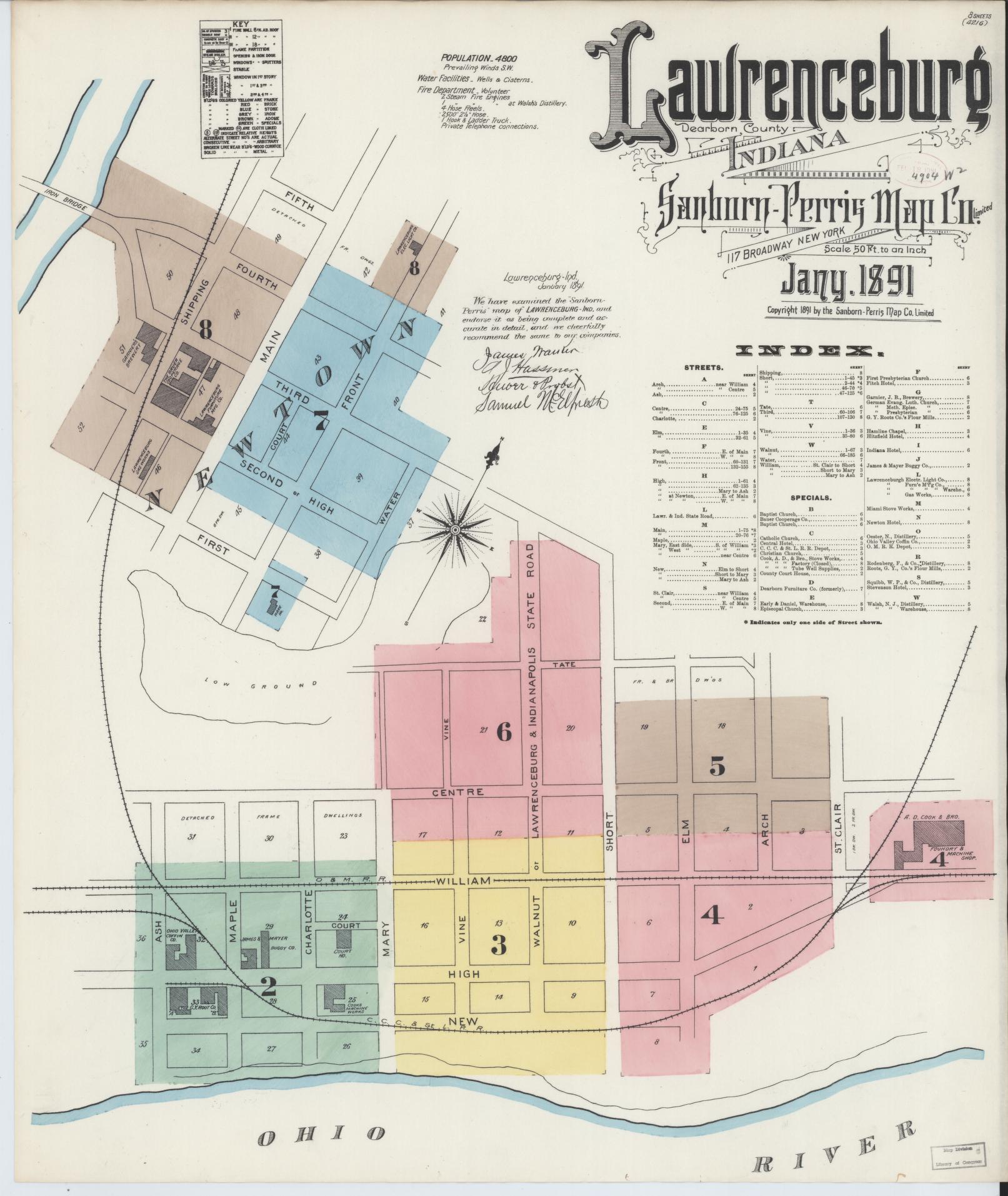 Sanborn Fire Insurance Map from Lawrenceburg, Dearborn County, Indiana (1891), Sheet #0001 - Complete Map Set gallery image, historic Sanborn map, vintage wall art, Indiana Indiana