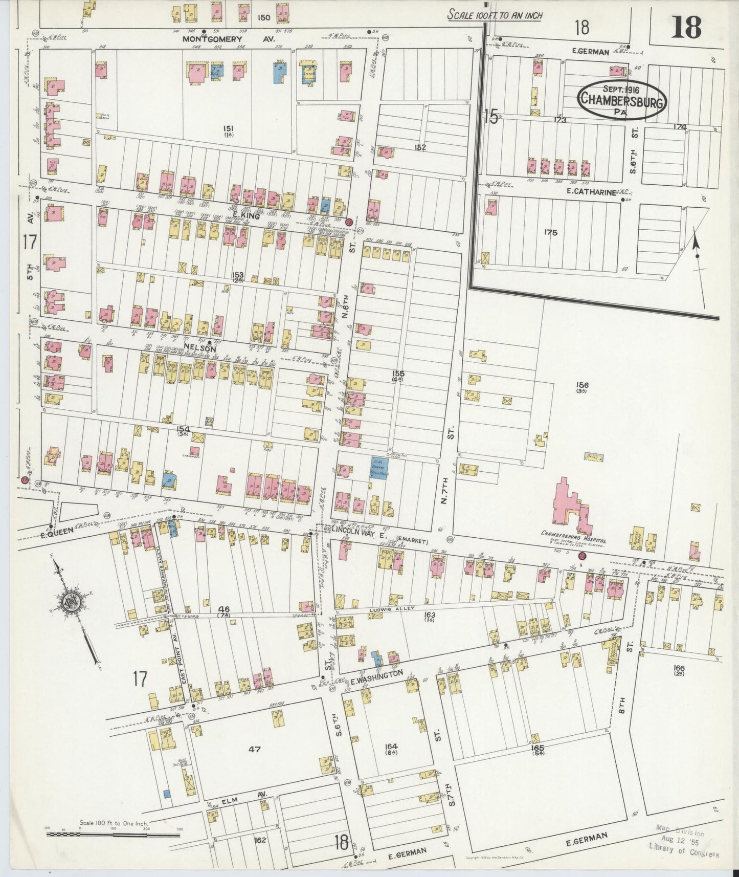 Sanborn Fire Insurance Map from Chambersburg, Franklin County, Pennsylvania (1916), Sheet #0018 - Historic Sanborn Fire Insurance Map Print, vintage old map wall art, antique decor, genealogy gift, Pennsylvania Pennsylvania map