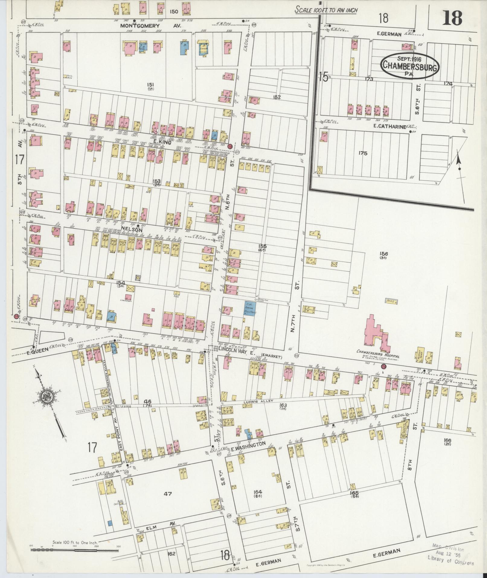 Sanborn Fire Insurance Map from Chambersburg, Franklin County, Pennsylvania (1916), Sheet #0018 - Historic Sanborn Fire Insurance Map Print, vintage old map wall art, antique decor, genealogy gift, Pennsylvania Pennsylvania map