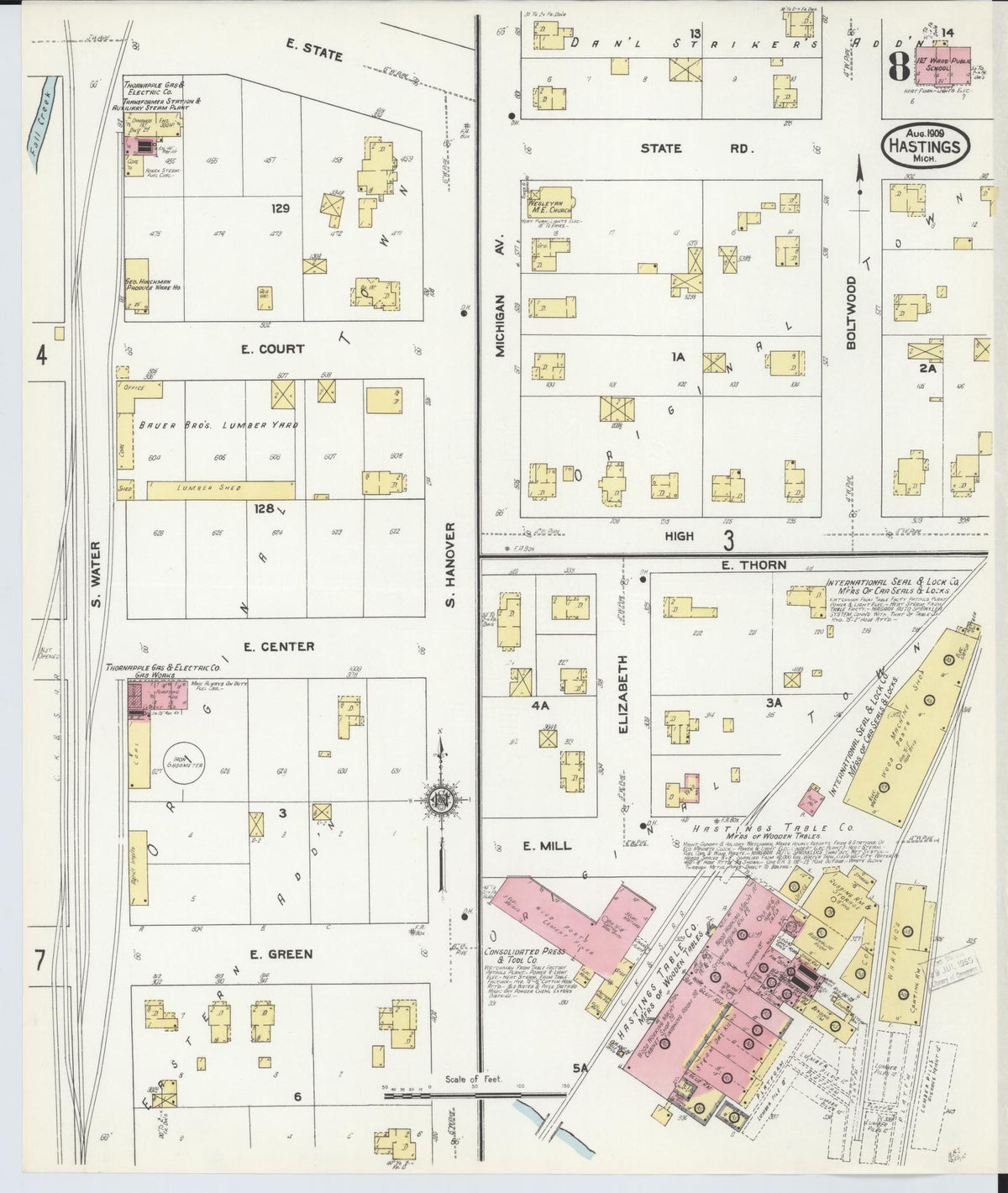 Sanborn Fire Insurance Map from Hastings, Barry County, Michigan (1909), Sheet #0008 - Historic Sanborn Fire Insurance Map Print, vintage old map wall art, antique decor, genealogy gift, Michigan Michigan map