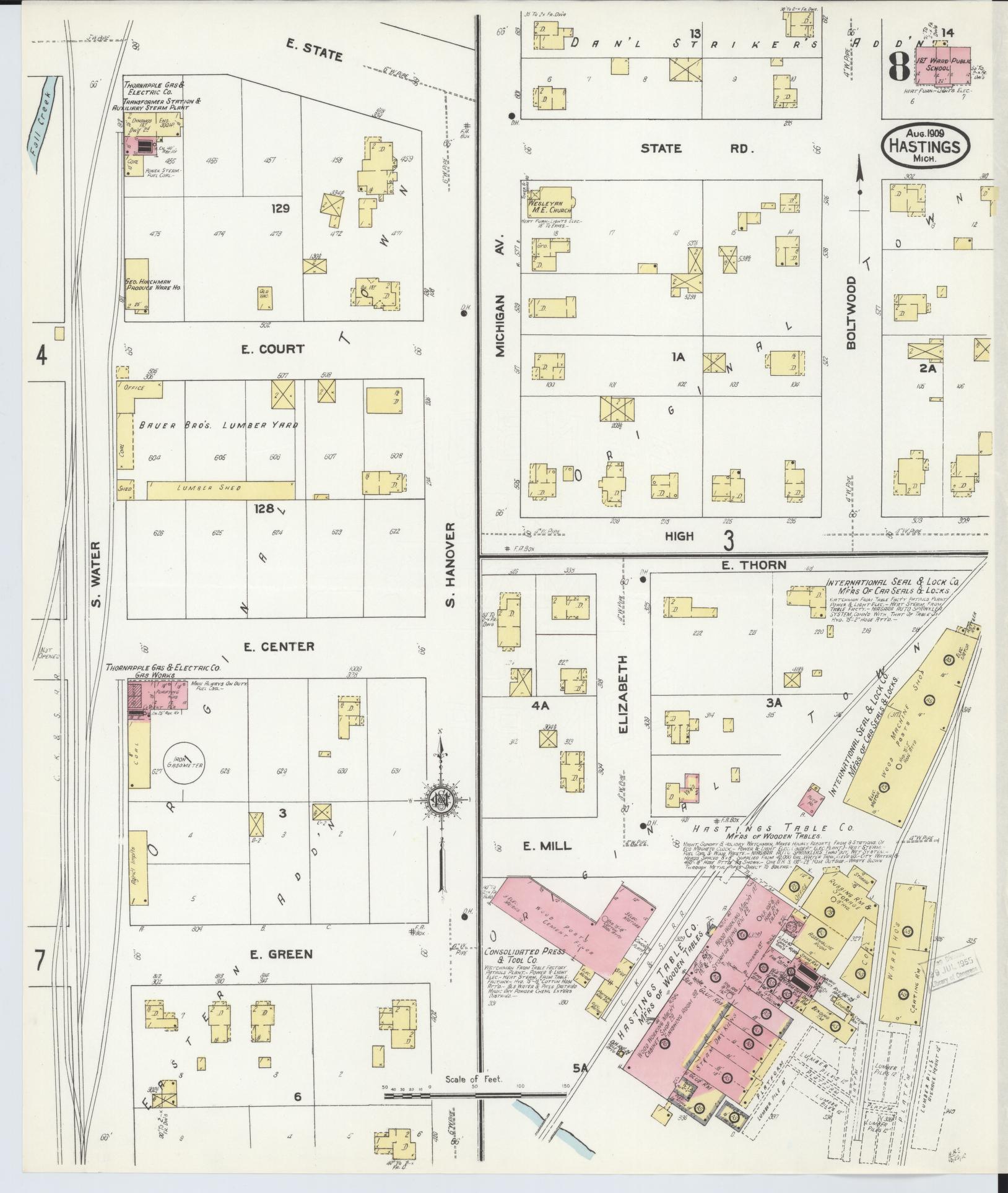 Sanborn Fire Insurance Map from Hastings, Barry County, Michigan (1909), Sheet #0008 - Historic Sanborn Fire Insurance Map Print, vintage old map wall art, antique decor, genealogy gift, Michigan Michigan map