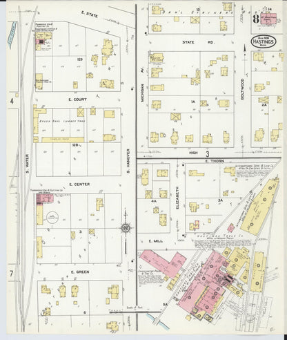 Sanborn Fire Insurance Map from Hastings, Barry County, Michigan (1909), Sheet #0008 - Historic Sanborn Fire Insurance Map Print, vintage old map wall art, antique decor, genealogy gift, Michigan Michigan map