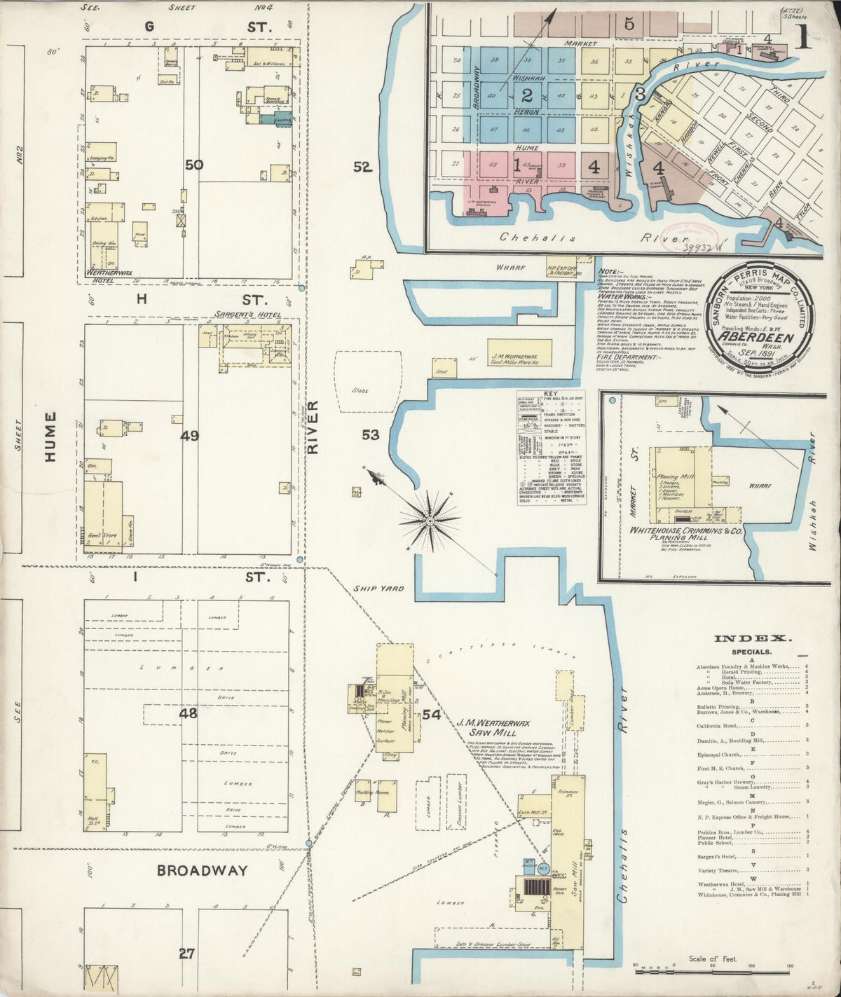 Sanborn Fire Insurance Map from Aberdeen, Grays Harbor County, Washington (1891), Sheet #0001 - Complete Map Set gallery image, historic Sanborn map, vintage wall art, Washington Washington