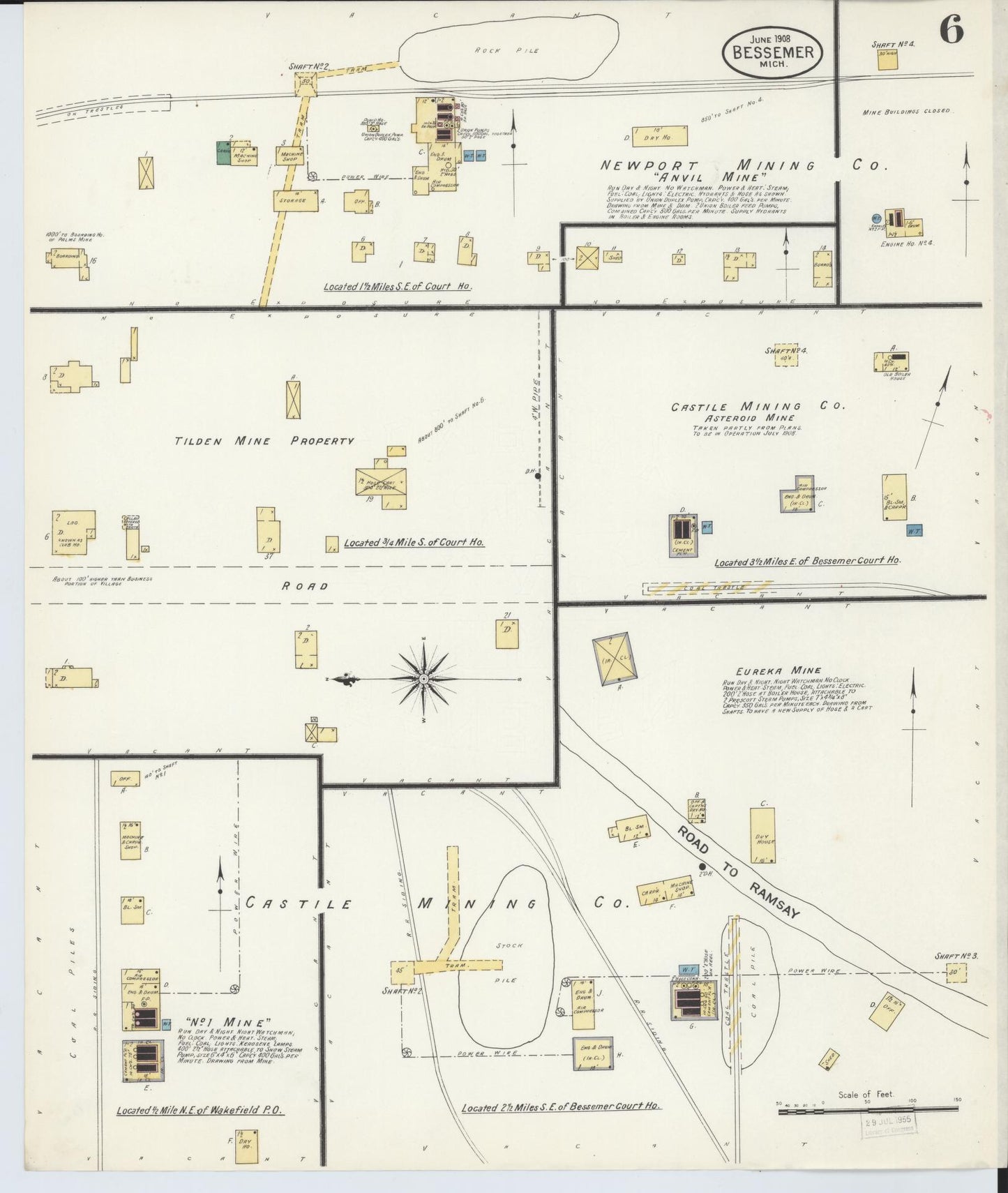 Sanborn Fire Insurance Map from Bessemer, Gogebic County, Michigan (1908), Sheet #0006 - Historic Sanborn Fire Insurance Map Print, vintage old map wall art, antique decor, genealogy gift, Michigan Michigan map