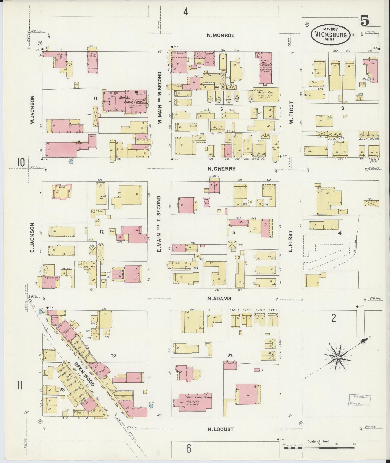 Sanborn Fire Insurance Map from Vicksburg, Warren County, Mississippi (1907), Sheet #0005 - Historic Sanborn Fire Insurance Map Print, vintage old map wall art, antique decor, genealogy gift, Mississippi Mississippi map