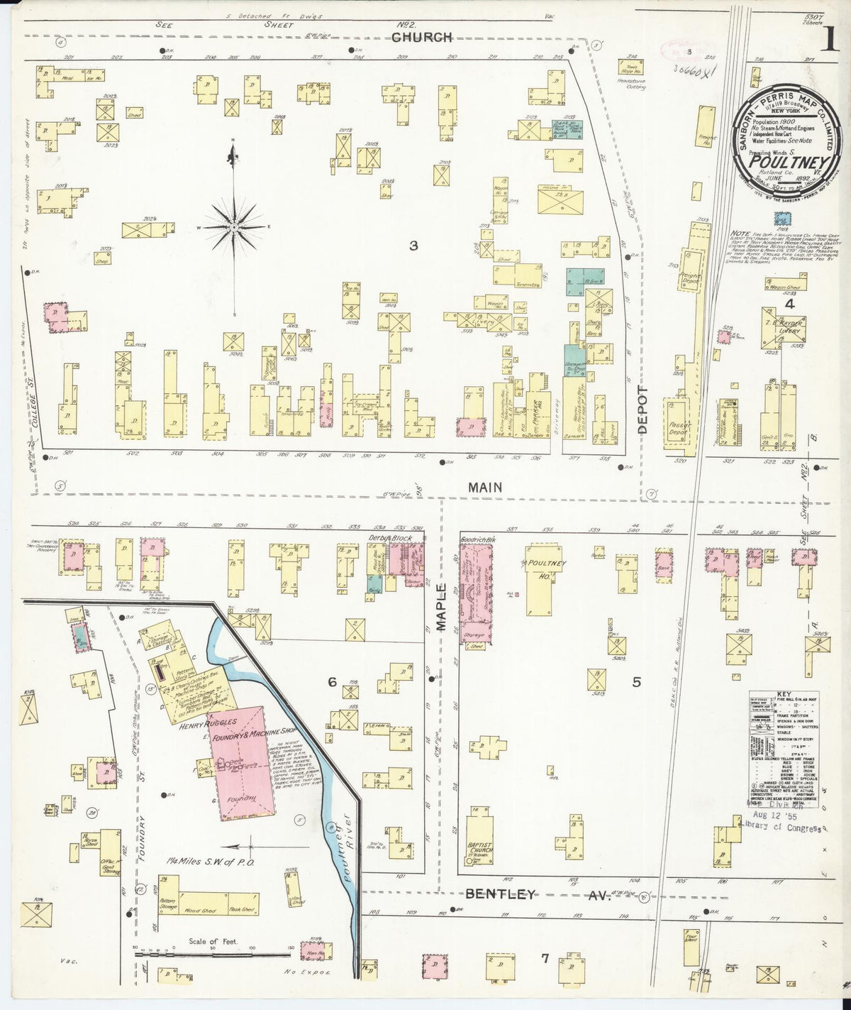 Sanborn Fire Insurance Map from Poultney, Rutland County, Vermont (1892), Sheet #0001 - Complete Map Set gallery image, historic Sanborn map, vintage wall art, Vermont Vermont