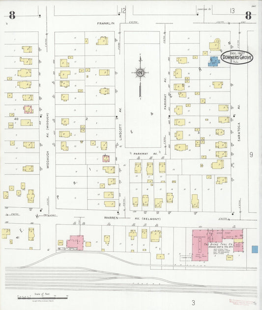 Sanborn Fire Insurance Map from Downers Grove, Dupage County, Illinois (1927), Sheet #0008 - Historic Sanborn Fire Insurance Map Print, vintage old map wall art, antique decor, genealogy gift, Illinois Illinois map