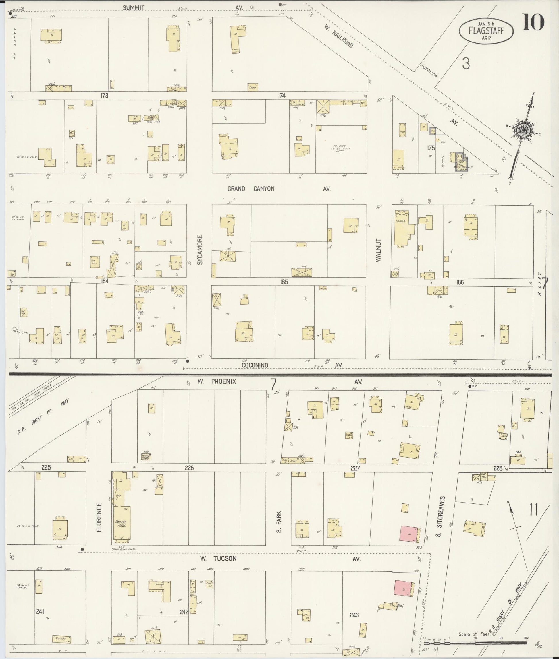 Sanborn Fire Insurance Map from Flagstaff, Coconino County, Arizona (1916), Sheet #0010 - Historic Sanborn Fire Insurance Map Print, vintage old map wall art, antique decor, genealogy gift, Arizona Arizona map