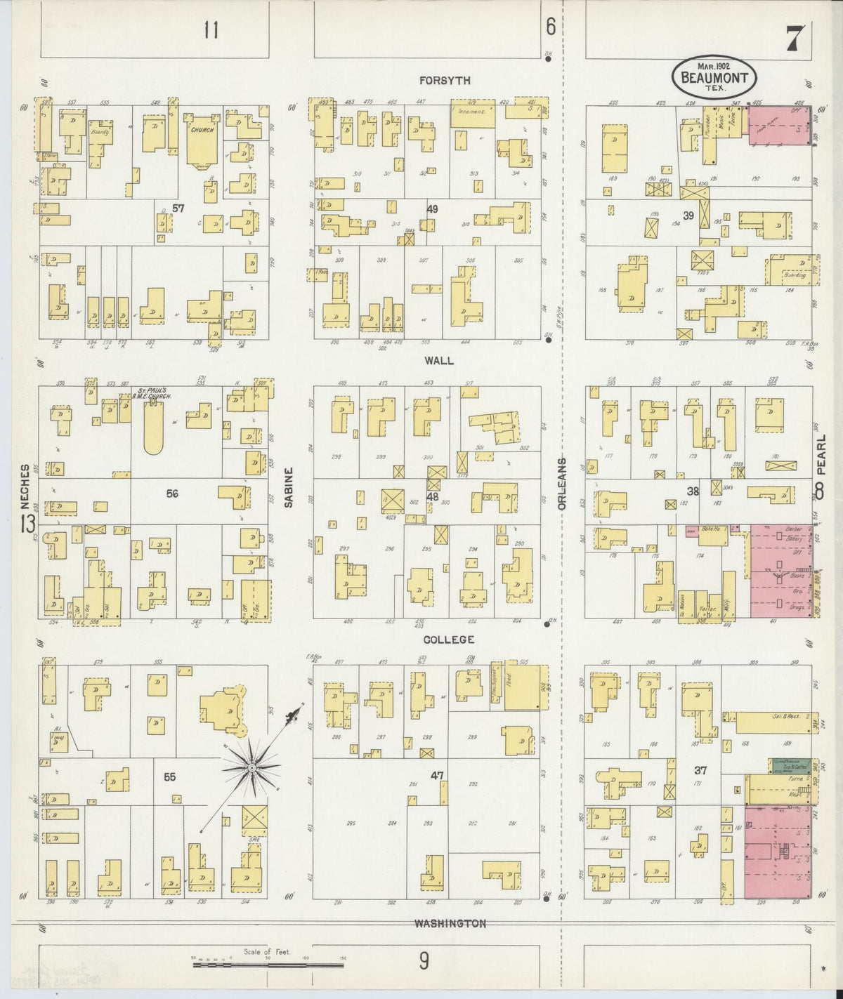 Sanborn Fire Insurance Map from Beaumont, Jefferson County, Texas (1902), Sheet #0007 - Complete Map Set gallery image, historic Sanborn map, vintage wall art, Texas Texas