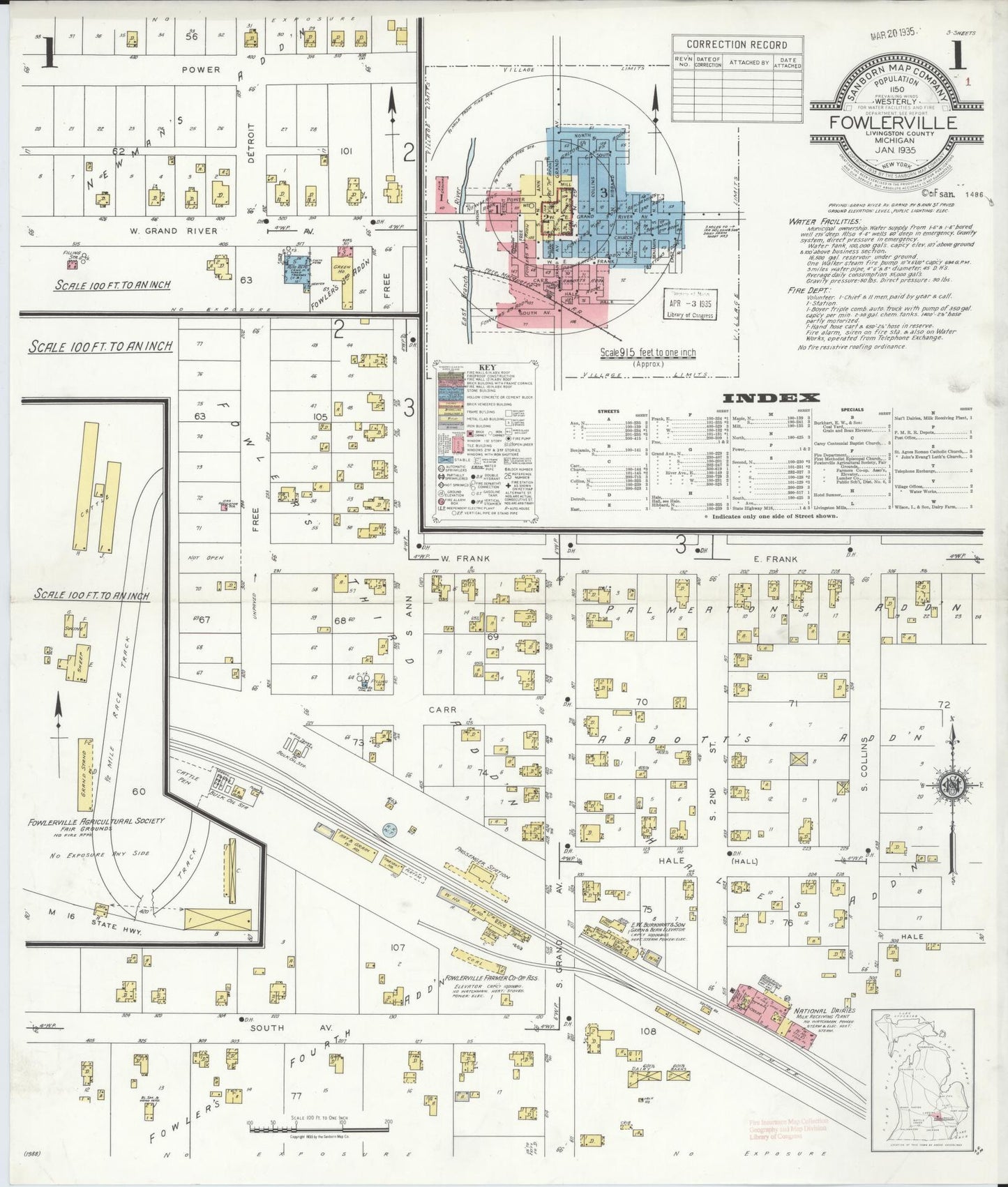 Sanborn Fire Insurance Map from Fowlerville, Livingston County, Michigan (1935), Sheet #0001 - Historic Sanborn Fire Insurance Map Print, vintage old map wall art, antique decor, genealogy gift, Michigan Michigan map