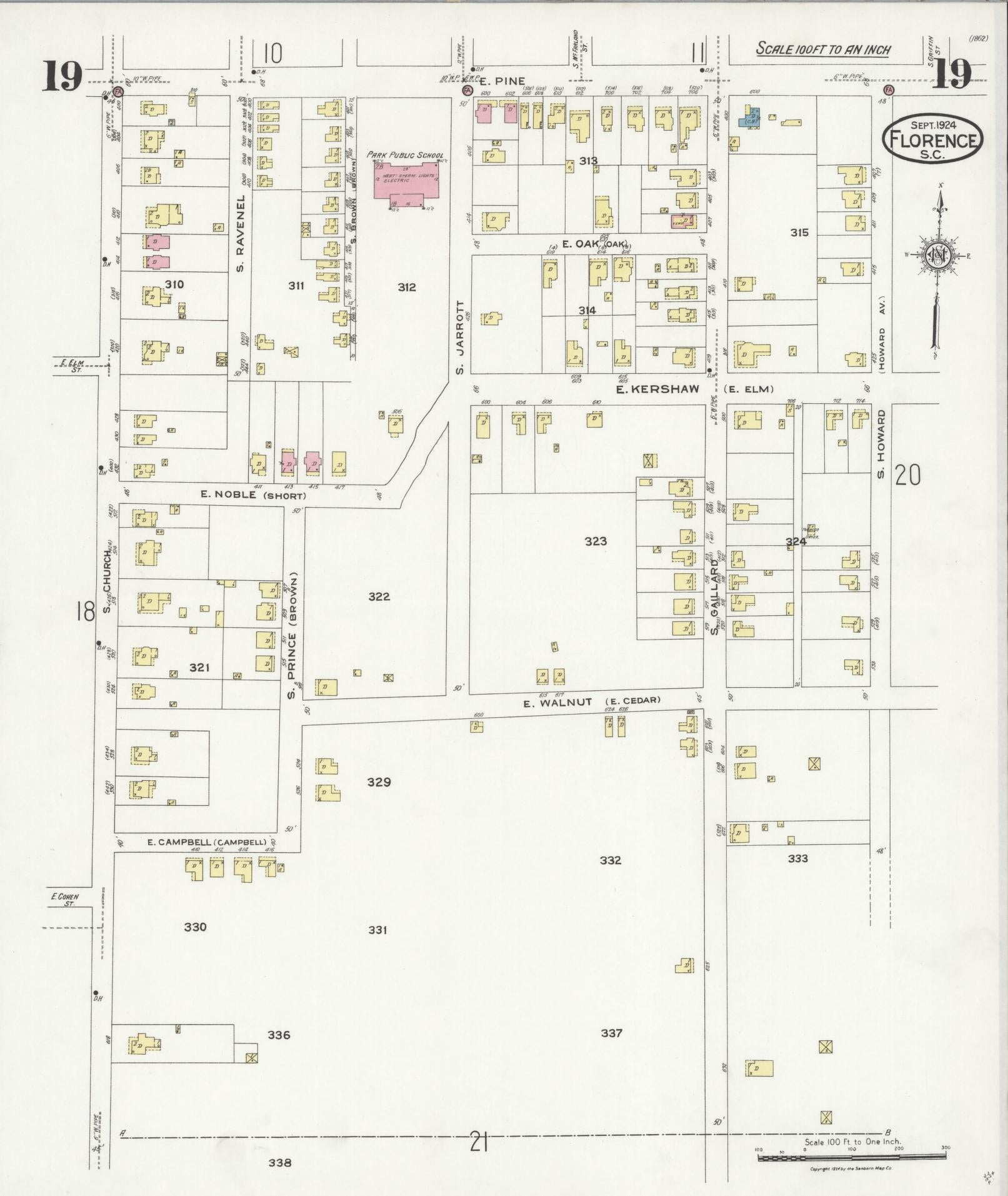 Sanborn Fire Insurance Map from Florence, Florence County, South Carolina (1924), Sheet #0019 - Complete Map Set gallery image, historic Sanborn map, vintage wall art, South Carolina South Carolina