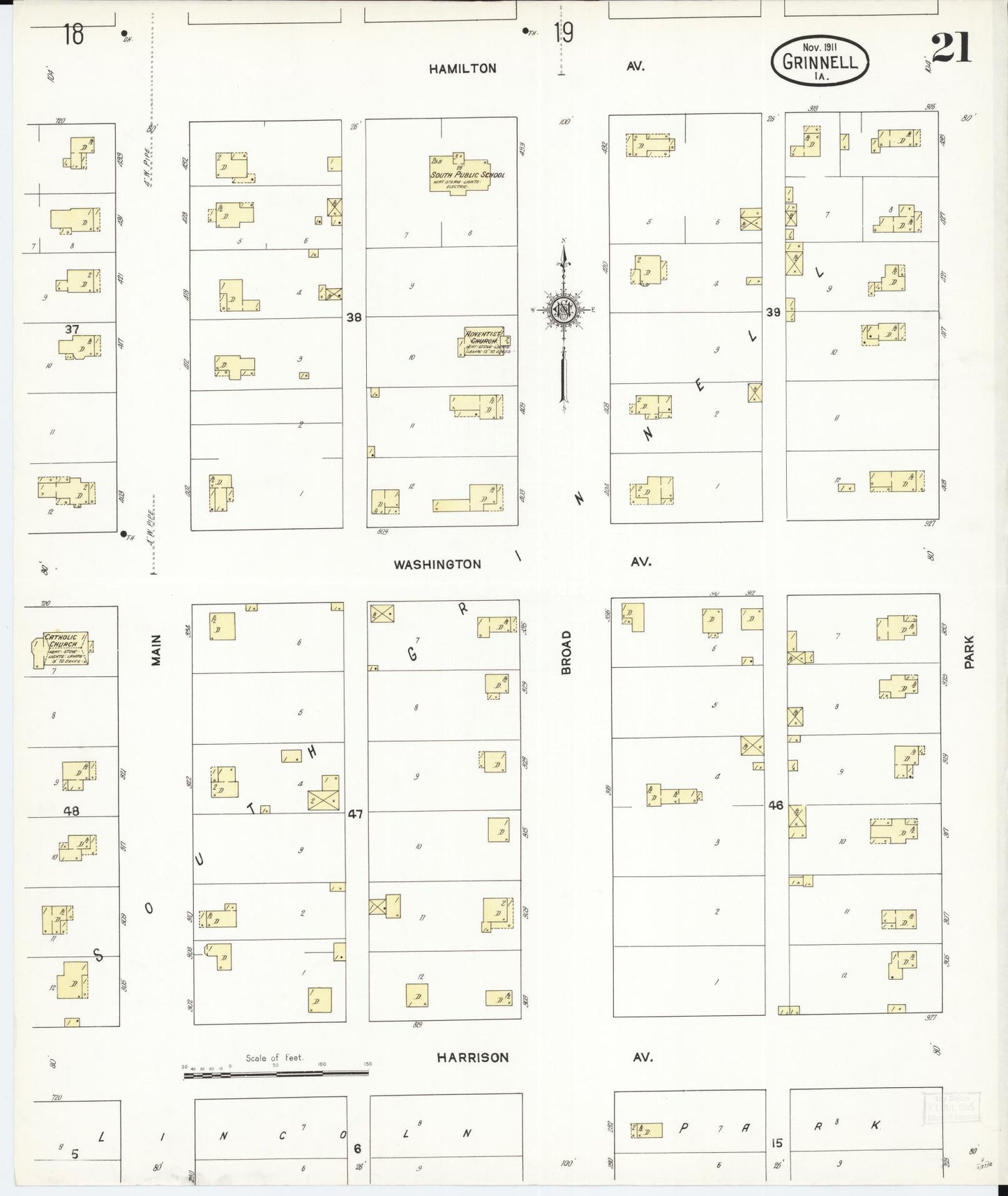 Sanborn Fire Insurance Map from Grinnell, Poweshiek County, Iowa (1911), Sheet #0021 - Historic Sanborn Fire Insurance Map Print, vintage old map wall art