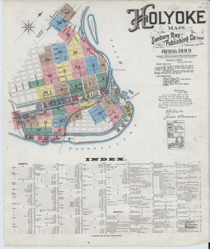 Sanborn Fire Insurance Map from Holyoke, Hampden County, Massachusetts (1889), Sheet #0001 - Historic Sanborn Fire Insurance Map Print, vintage old map wall art, antique decor, genealogy gift, Massachusetts Massachusetts map