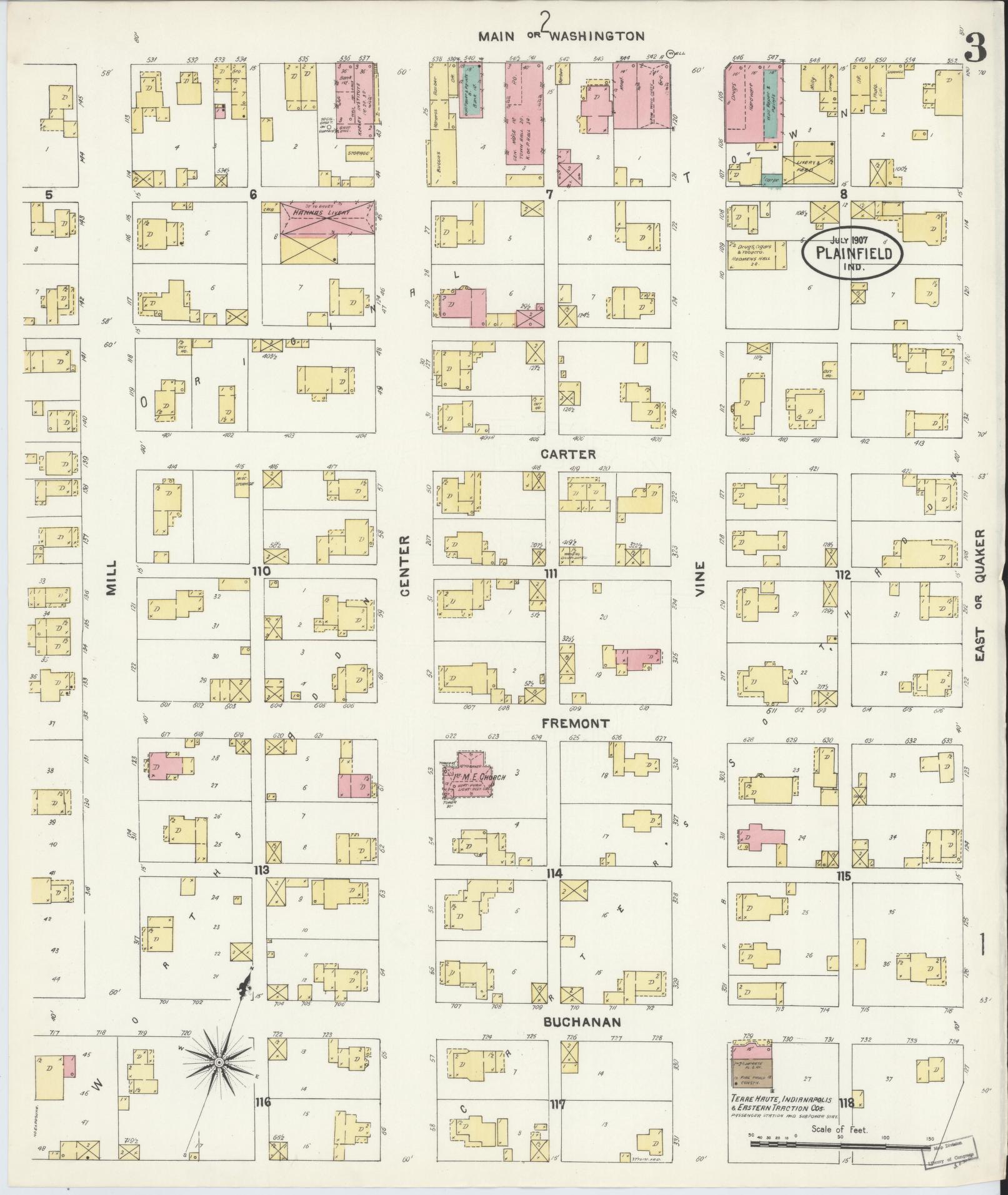 Sanborn Fire Insurance Map from Plainfield, Hendricks County, Indiana (1907), Sheet #0003 - Complete Map Set gallery image, historic Sanborn map, vintage wall art, Indiana Indiana