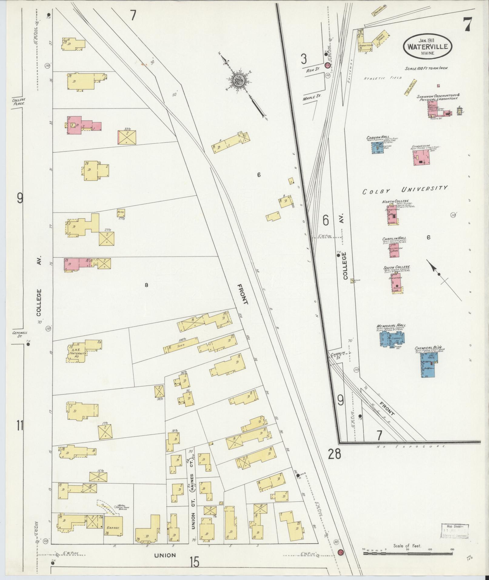 Sanborn Fire Insurance Map from Waterville, Kennebec County, Maine (1911), Sheet #0007 - Historic Sanborn Fire Insurance Map Print, vintage old map wall art, antique decor, genealogy gift, Maine Maine map