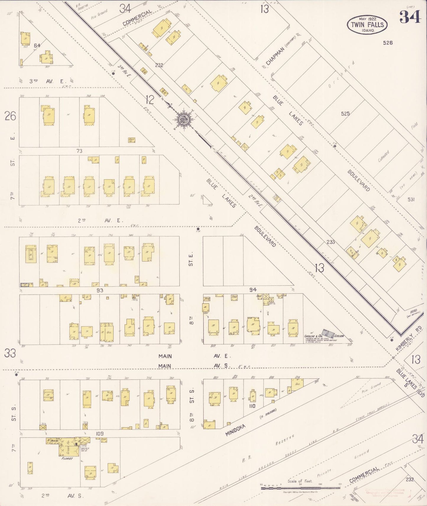 Sanborn Fire Insurance Map from Twin Falls, Twin Falls County, Idaho (1922), Sheet #0033 - Historic Sanborn Fire Insurance Map Print, vintage old map wall art, antique decor, genealogy gift, Falls Idaho map