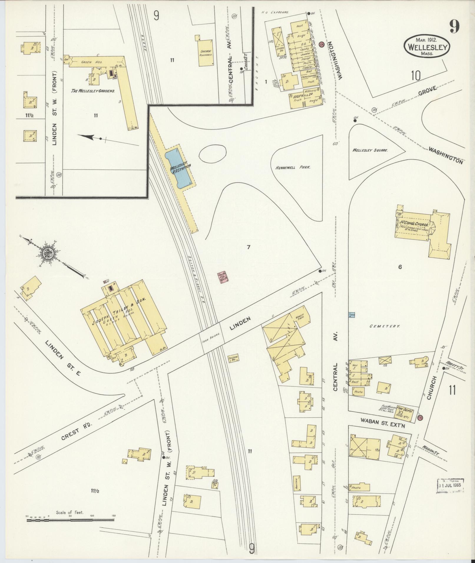 Sanborn Fire Insurance Map from Wellesley, Norfolk County, Massachusetts (1912), Sheet #0009 - Historic Sanborn Fire Insurance Map Print, vintage old map wall art, antique decor, genealogy gift, Massachusetts Massachusetts map