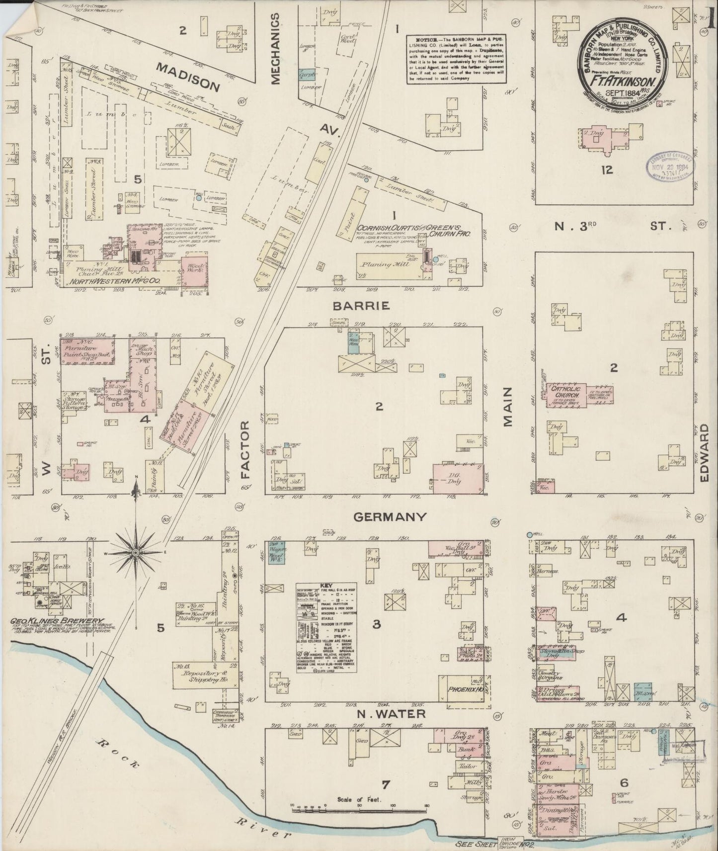 Sanborn Fire Insurance Map from Fort Atkinson, Jefferson County, Wisconsin (1884), Sheet #0001 - Complete Map Set gallery image, historic Sanborn map, vintage wall art, Wisconsin Wisconsin