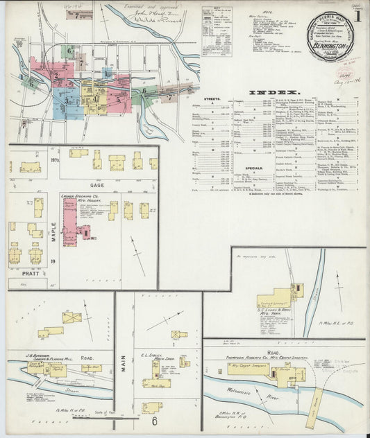 Sanborn Fire Insurance Map from Bennington, Bennington County, Vermont (1896), Sheet #0001 - Historic Sanborn Fire Insurance Map Print, vintage old map wall art, antique decor, genealogy gift, Vermont Vermont map