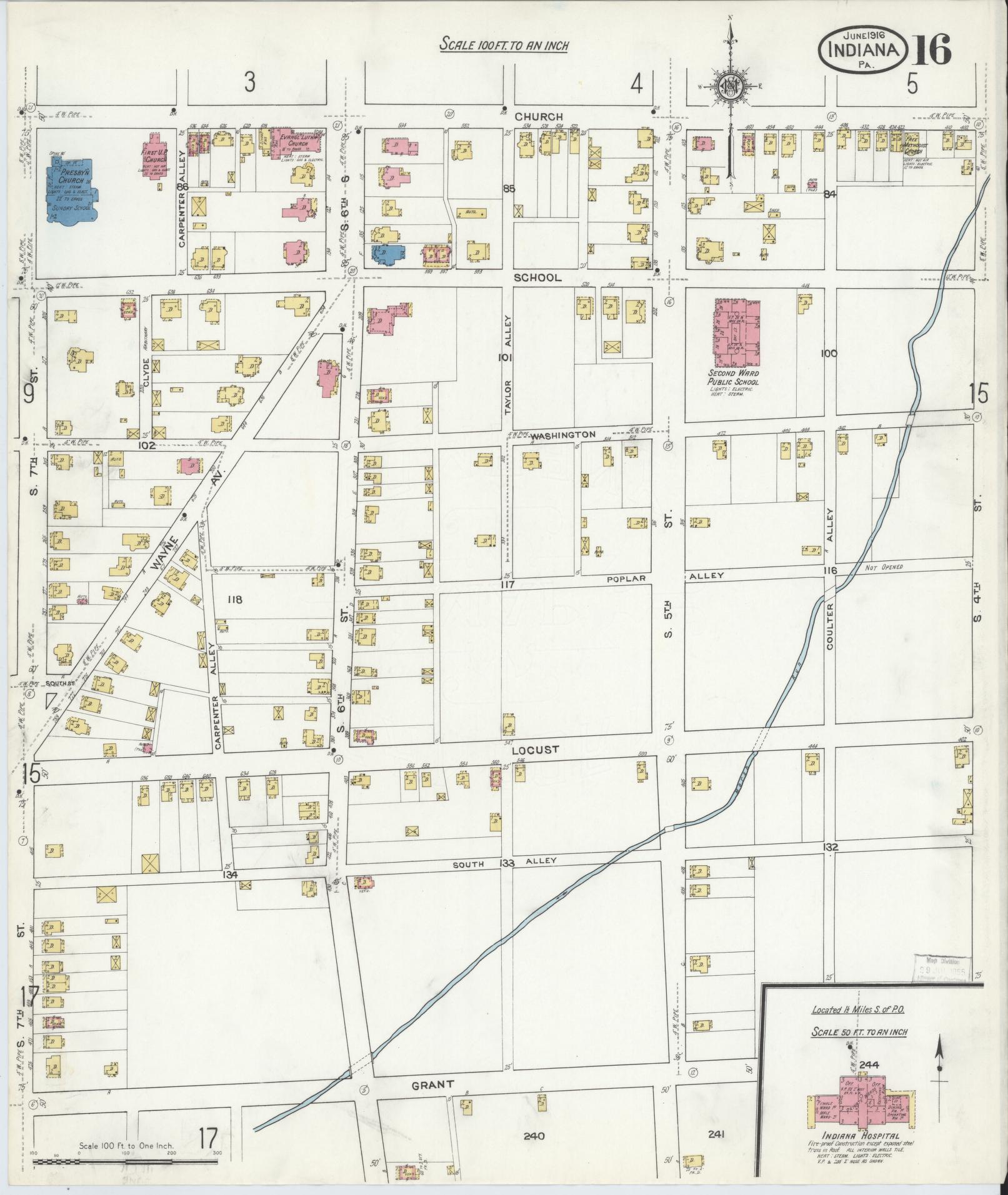 Sanborn Fire Insurance Map from Indiana, Indiana County, Pennsylvania (1916), Sheet #0016 - Historic Sanborn Fire Insurance Map Print, vintage old map wall art, antique decor, genealogy gift, Sanborn Fire Insurance Map from Indiana Indiana map