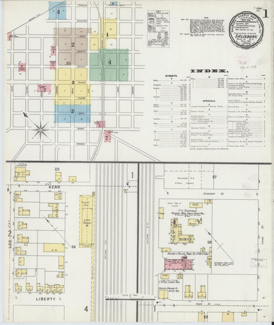 Sanborn Fire Insurance Map from Salisbury, Rowan County, North Carolina (1896), Sheet #0001 - Historic Sanborn Fire Insurance Map Print, vintage old map wall art, antique decor, genealogy gift, North Carolina North Carolina map