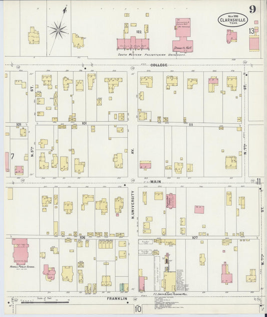 Sanborn Fire Insurance Map from Clarksville, Montgomery County, Tennessee (1898), Sheet #0009 - Historic Sanborn Fire Insurance Map Print, vintage old map wall art, antique decor, genealogy gift, Tennessee Tennessee map