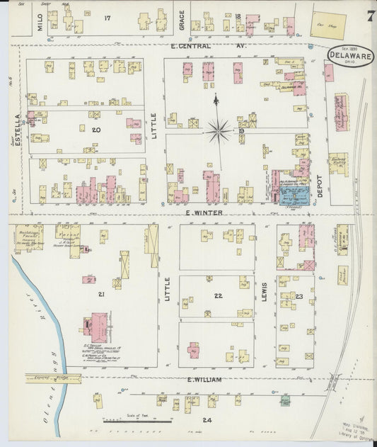 Sanborn Fire Insurance Map from Delaware, Delaware County, Ohio (1890), Sheet #0007 - Historic Sanborn Fire Insurance Map Print, vintage old map wall art, antique decor, genealogy gift, Ohio Ohio map