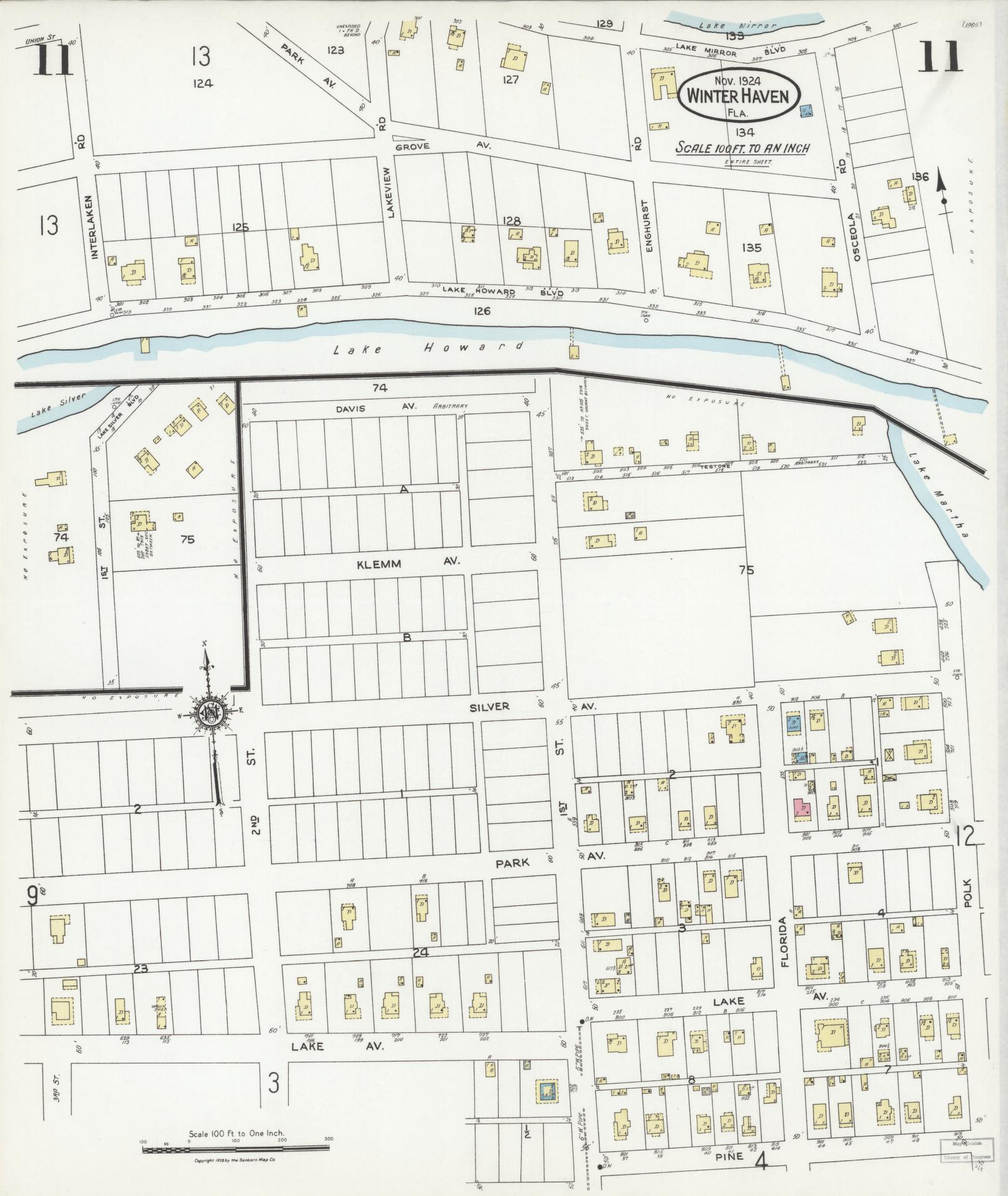 Sanborn Fire Insurance Map from Winter Haven, Polk County, Florida (1924), Sheet #0011 - Complete Map Set gallery image, historic Sanborn map, vintage wall art, Florida Florida