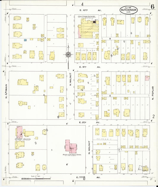 Sanborn Fire Insurance Map from Hutchinson, Reno County, Kansas (1909), Sheet #0006 - Historic Sanborn Fire Insurance Map Print, vintage old map wall art, antique decor, genealogy gift, Kansas Kansas map