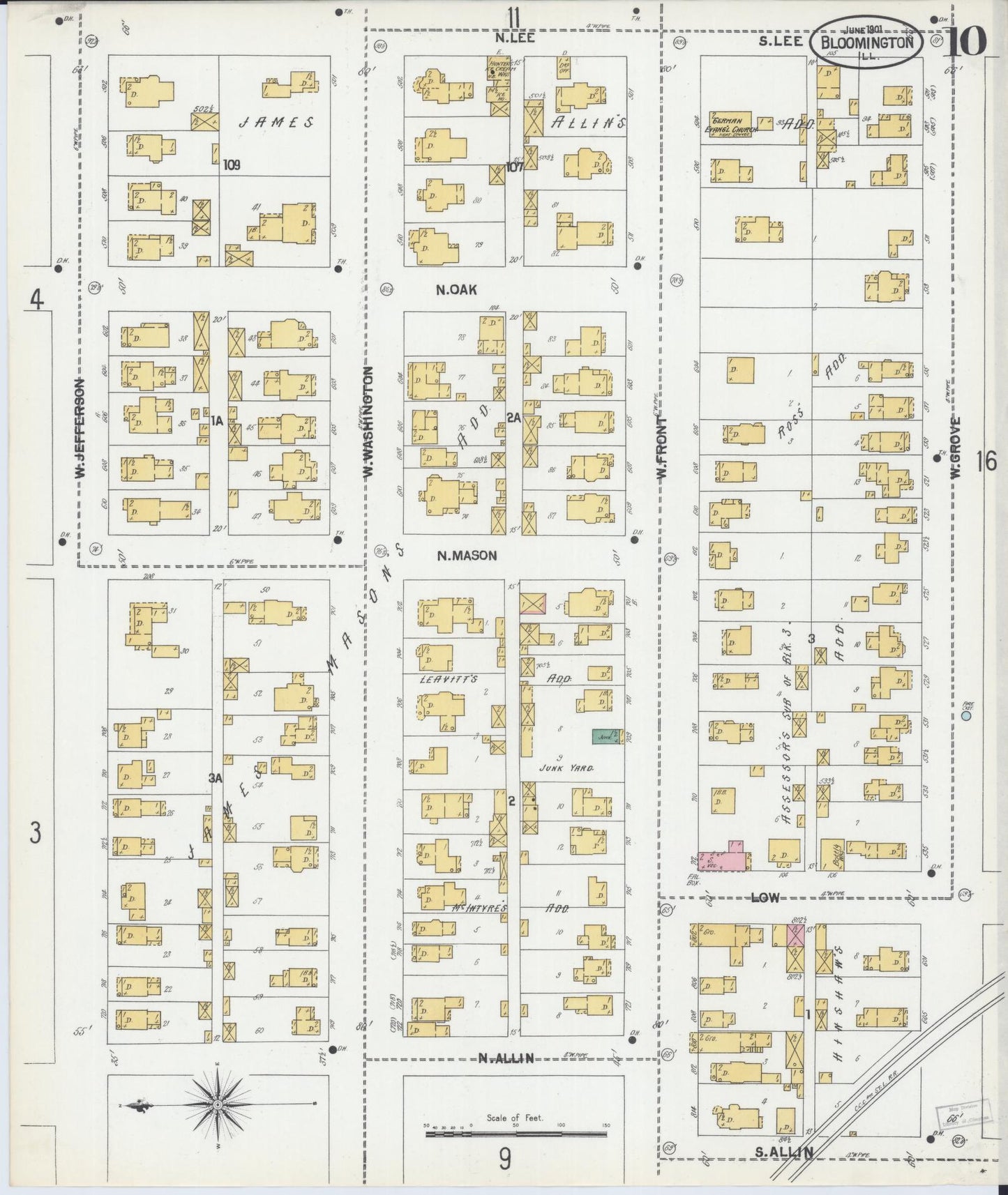 Sanborn Fire Insurance Map from Bloomington, McLean County, Illinois (1901), Sheet #0010 - Complete Map Set gallery image, historic Sanborn map, vintage wall art, Illinois Illinois