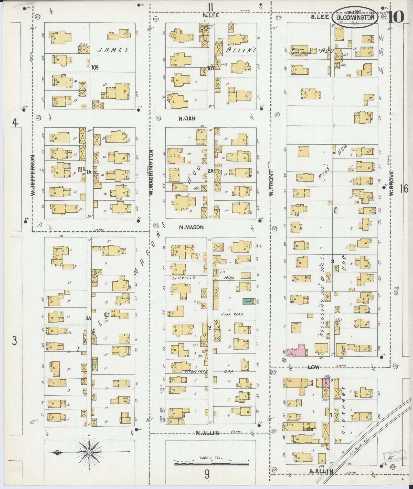 Sanborn Fire Insurance Map from Bloomington, McLean County, Illinois (1901), Sheet #0010 - Complete Map Set gallery image, historic Sanborn map, vintage wall art, Illinois Illinois