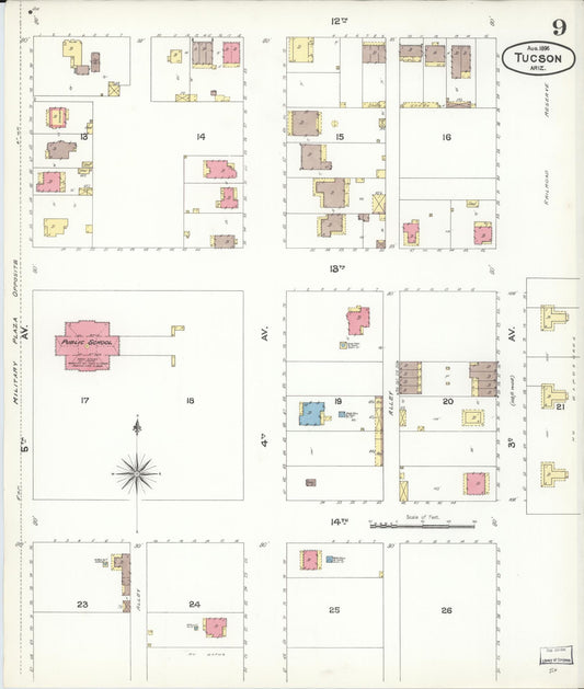 Sanborn Fire Insurance Map from Tucson, Pima County, Arizona (1896), Sheet #0009 - Historic Sanborn Fire Insurance Map Print, vintage old map wall art, antique decor, genealogy gift, Arizona Arizona map