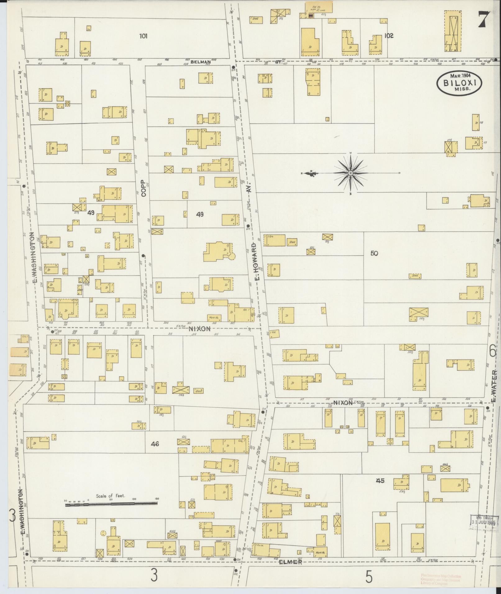 Sanborn Fire Insurance Map from Biloxi, Harrison County, Mississippi (1904), Sheet #0007 - Complete Map Set gallery image, historic Sanborn map, vintage wall art, Mississippi Mississippi