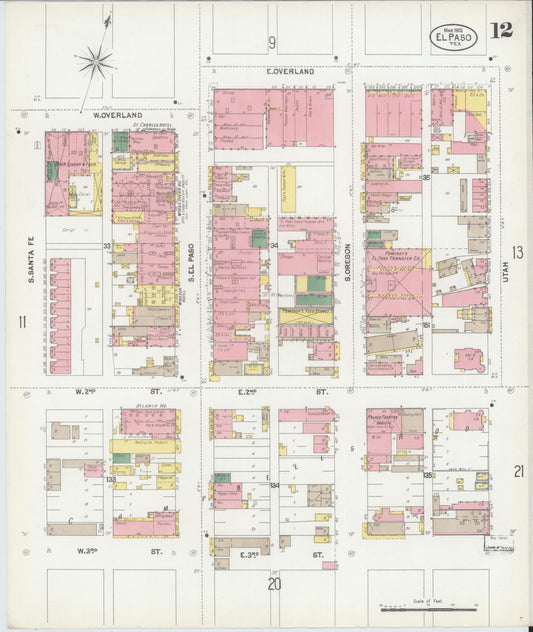 Sanborn Fire Insurance Map from El Paso, El Paso County, Texas (1902), Sheet #0012 - Historic Sanborn Fire Insurance Map Print, vintage old map wall art, antique decor, genealogy gift, Texas Texas map
