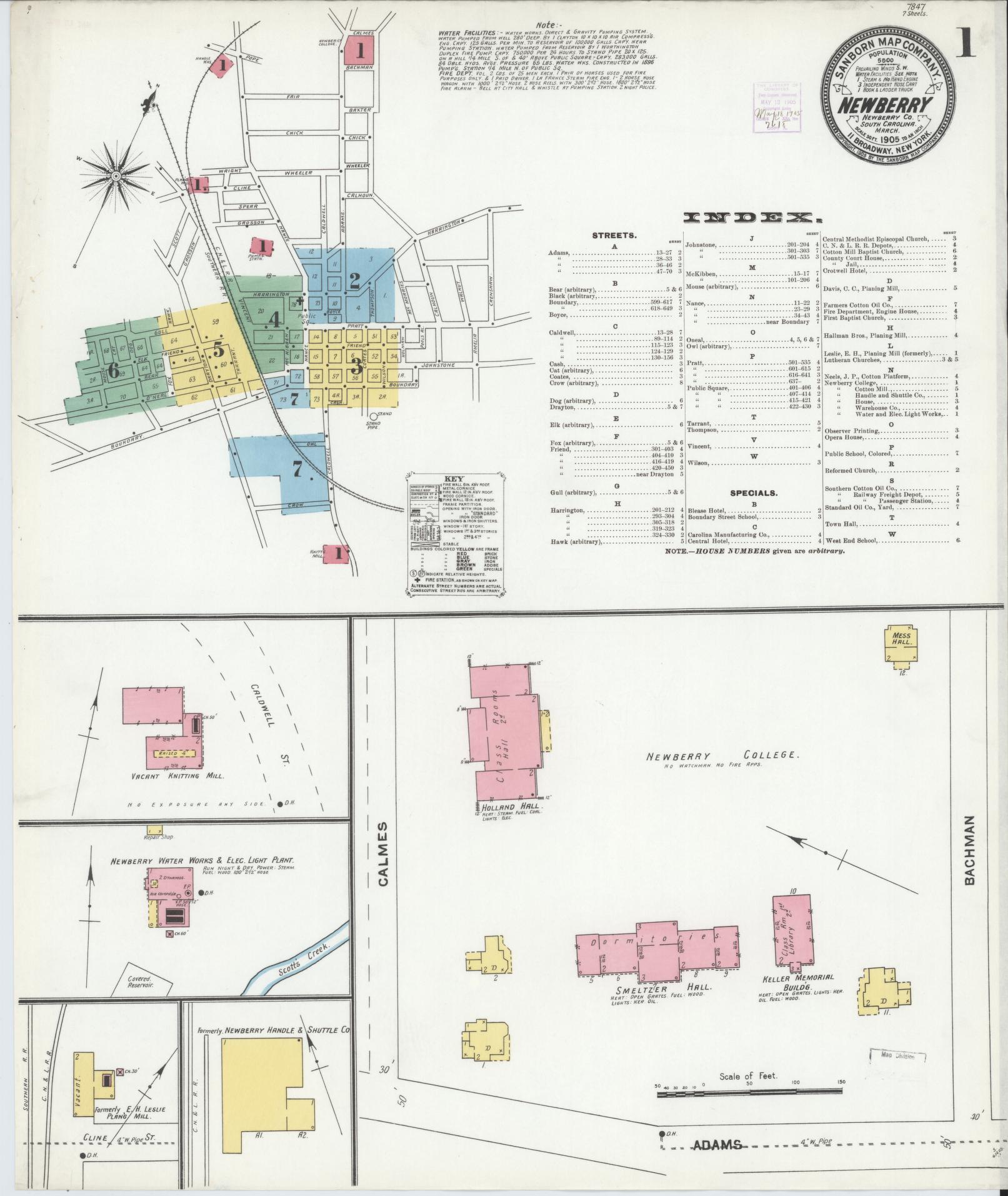Sanborn Fire Insurance Map from Newberry, Newberry County, South Carolina (1905), Sheet #0001 - Historic Sanborn Fire Insurance Map Print, vintage old map wall art, antique decor, genealogy gift, South Carolina South Carolina map