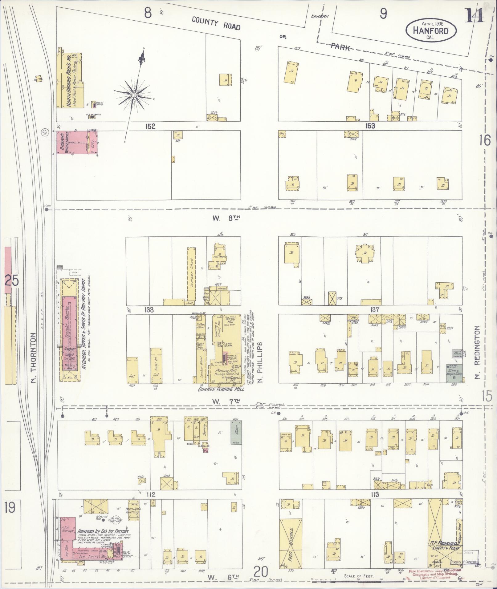 Sanborn Fire Insurance Map from Hanford, Kings County, California (1905), Sheet #0014 - Historic Sanborn Fire Insurance Map Print, vintage old map wall art, antique decor, genealogy gift, California California map