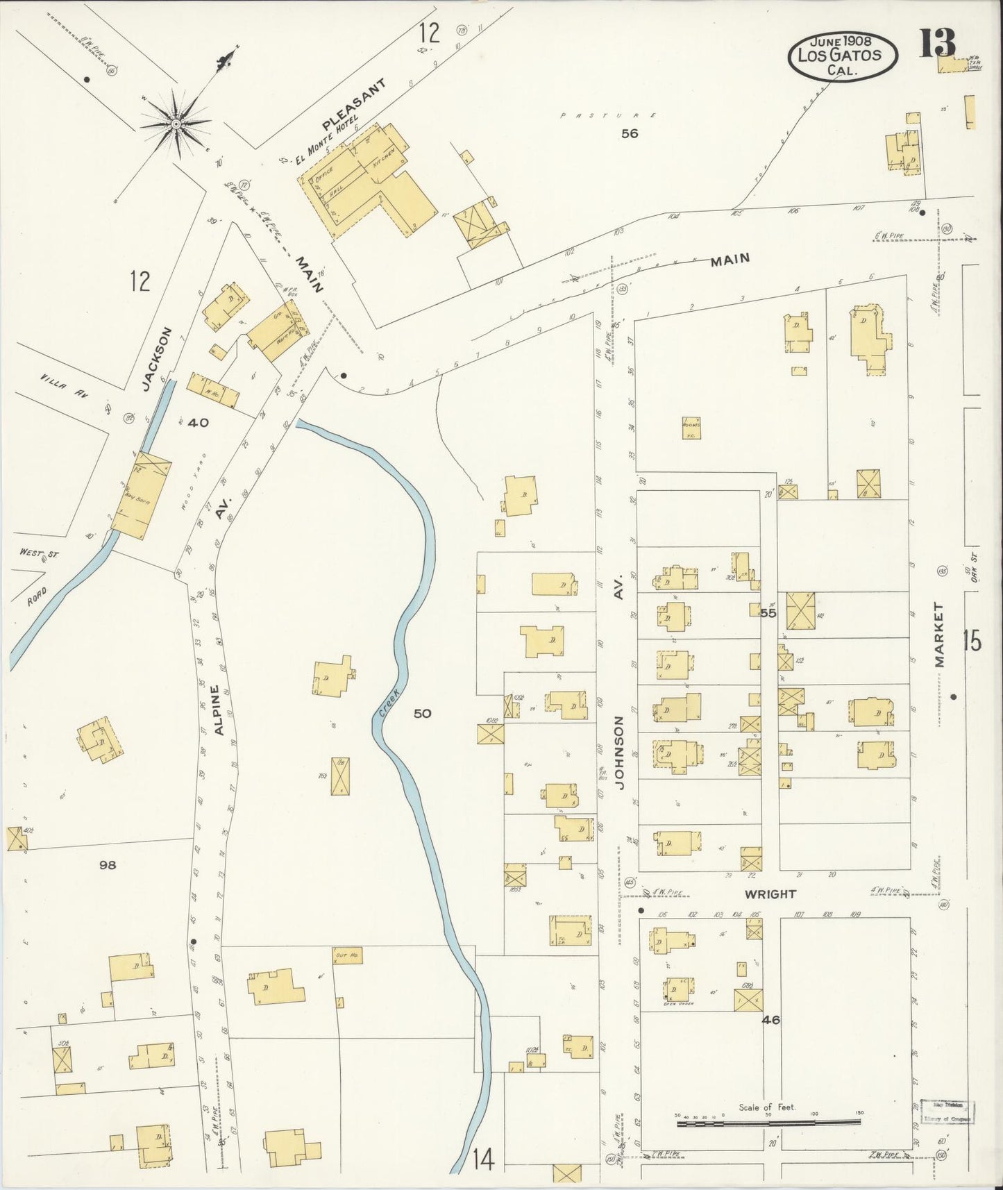 Sanborn Fire Insurance Map from Los Gatos, Santa Clara County, California (1908), Sheet #0013 - Historic Sanborn Fire Insurance Map Print, vintage old map wall art, antique decor, genealogy gift, California California map