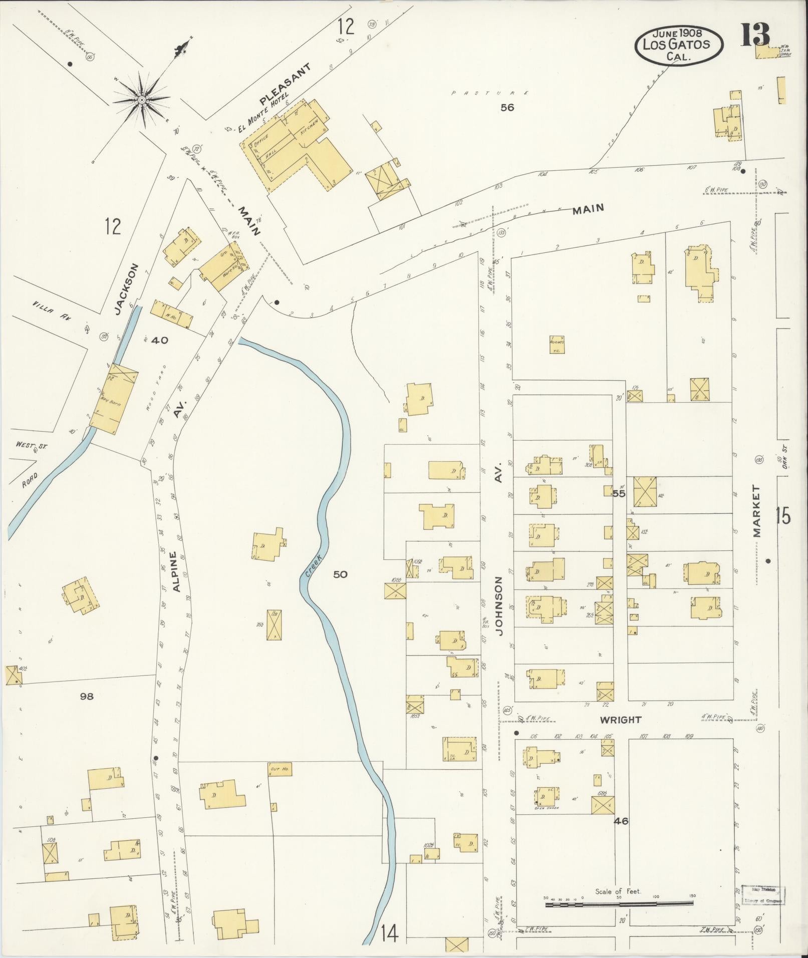 Sanborn Fire Insurance Map from Los Gatos, Santa Clara County, California (1908), Sheet #0013 - Historic Sanborn Fire Insurance Map Print, vintage old map wall art, antique decor, genealogy gift, California California map