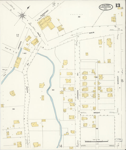 Sanborn Fire Insurance Map from Los Gatos, Santa Clara County, California (1908), Sheet #0013 - Historic Sanborn Fire Insurance Map Print, vintage old map wall art, antique decor, genealogy gift, California California map