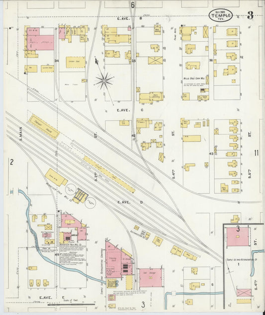 Sanborn Fire Insurance Map from Temple, Bell County, Texas (1905), Sheet #0003 - Historic Sanborn Fire Insurance Map Print, vintage old map wall art, antique decor, genealogy gift, Texas Texas map