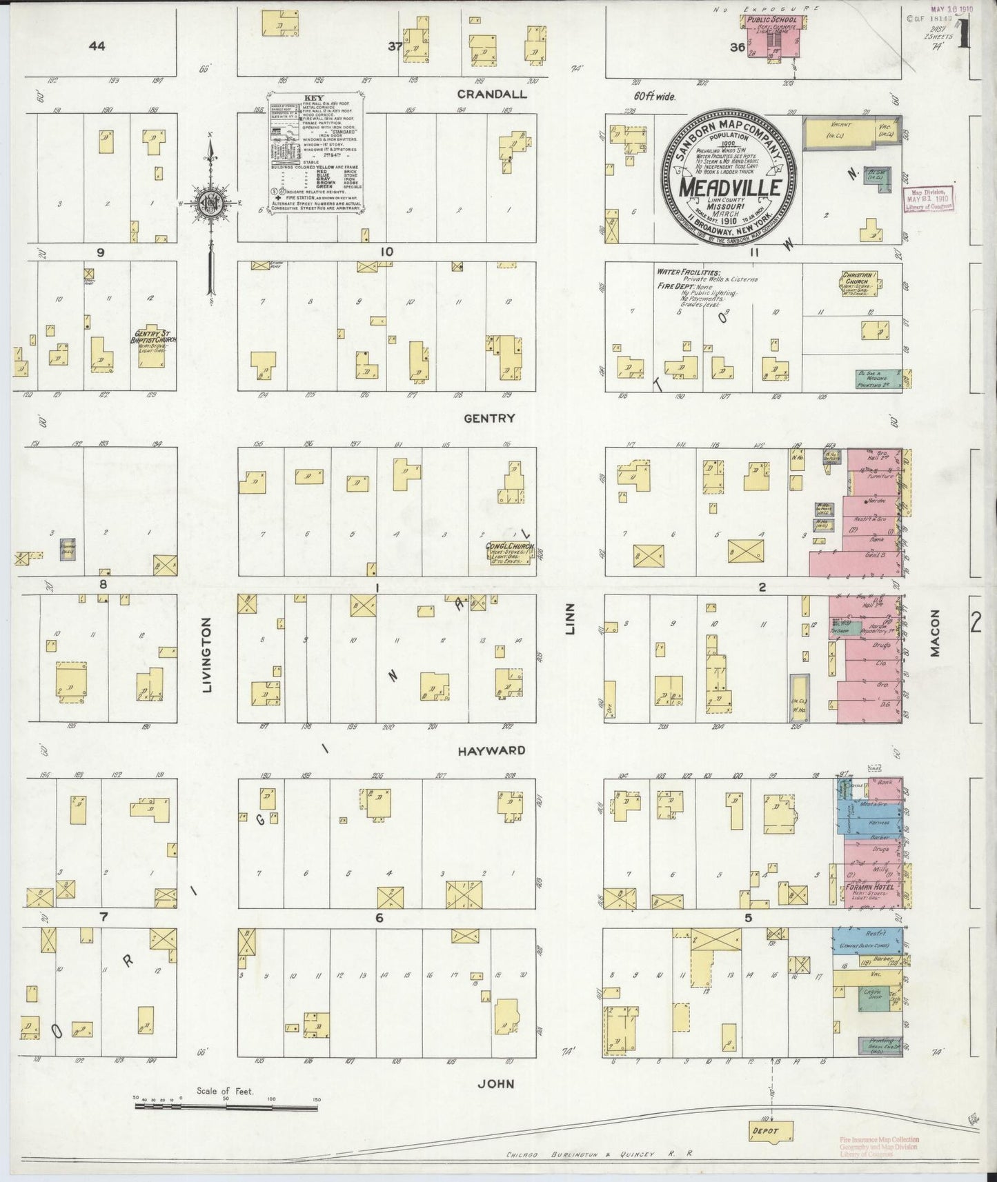 Sanborn Fire Insurance Map from Meadville, Linn County, Missouri (1910), Sheet #0001 - Historic Sanborn Fire Insurance Map Print, vintage old map wall art, antique decor, genealogy gift, Missouri Missouri map
